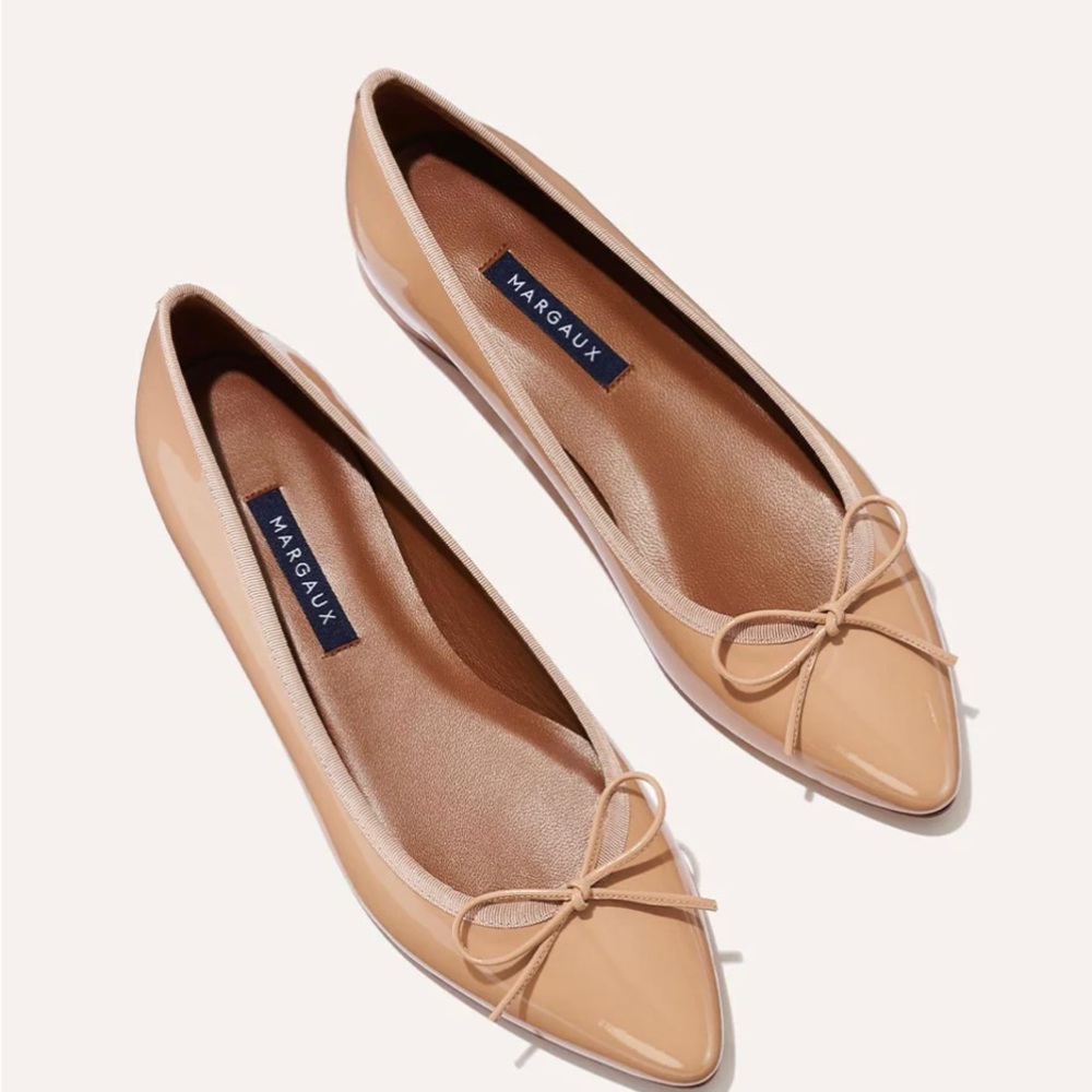 Margaux Beige Patent Pointed-Toe Ballet Flats
